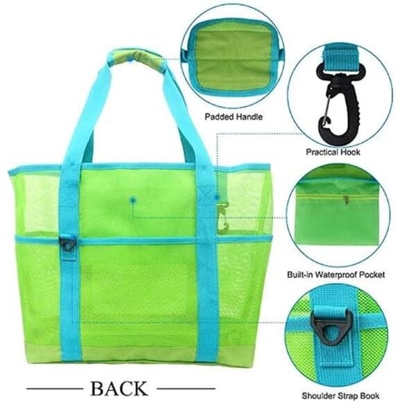 Mesh Beach Bag 40L Large with 9 Pockets Bag Green - Picture 3 of 6